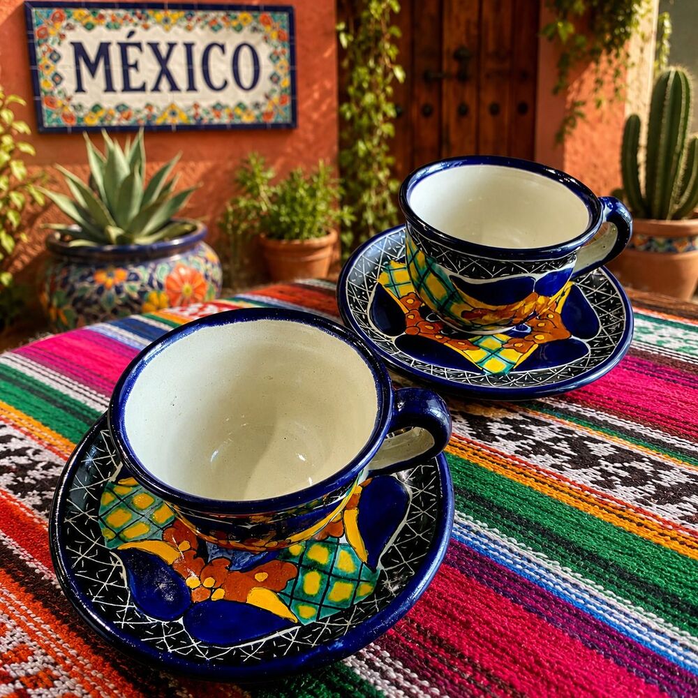 Vtg Talavera Colorful Hand Painted Cup Saucer Lot 2 Cafe Con Nortel Pue Mexico